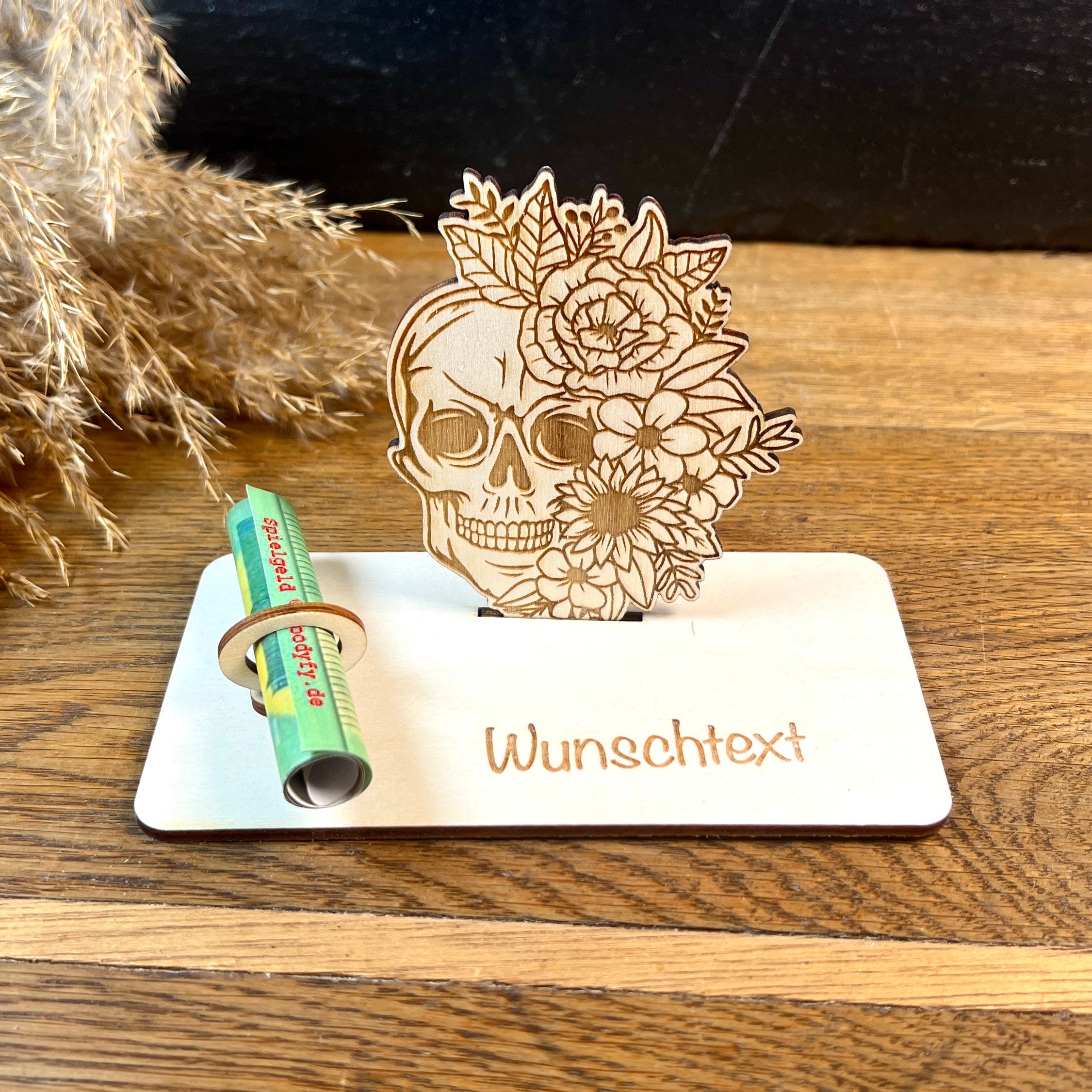 Geldscheinhalter Totenkopf mit Blumen