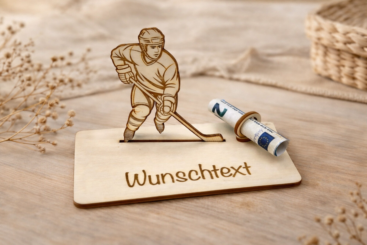 Personalisierter Geldscheinhalter Eishockeyspieler Junge aus Holz