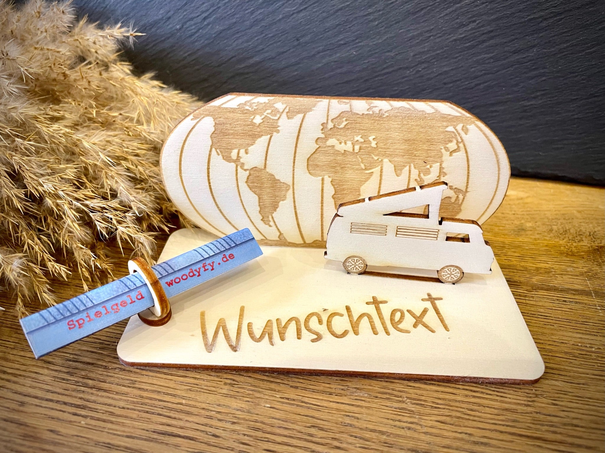 Geldscheinhalter Urlaub, Weltkarte mit Camper